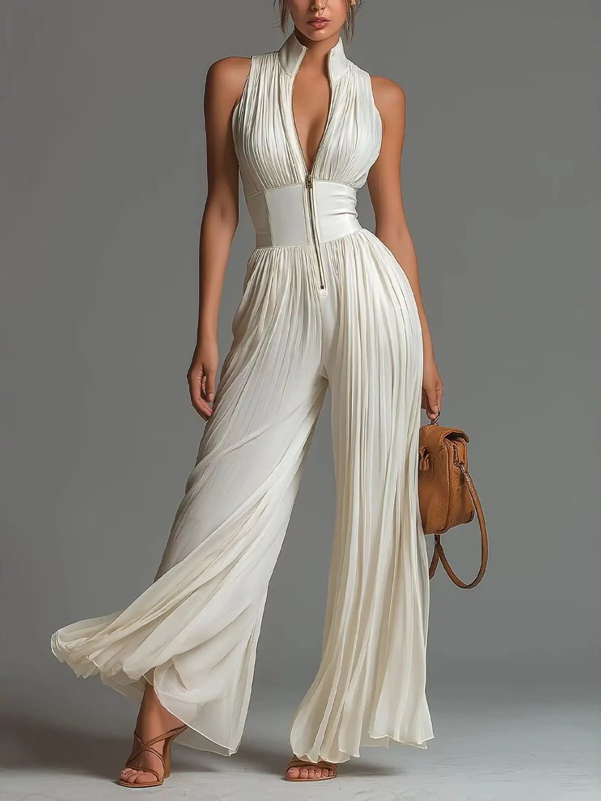 Victoria'S Vogue Elegant Stand Collar Zipper Pleated Jumpsuit Women's Solid High Waist Wide Leg Romper Summer Sleeveless Vacation Overalls Victoria'S Vogue Elegant Stand Collar Zipper Pleated Jumpsuit Women's Solid High Waist Wide Leg Romper Summer Sleeveless Vacation Overalls