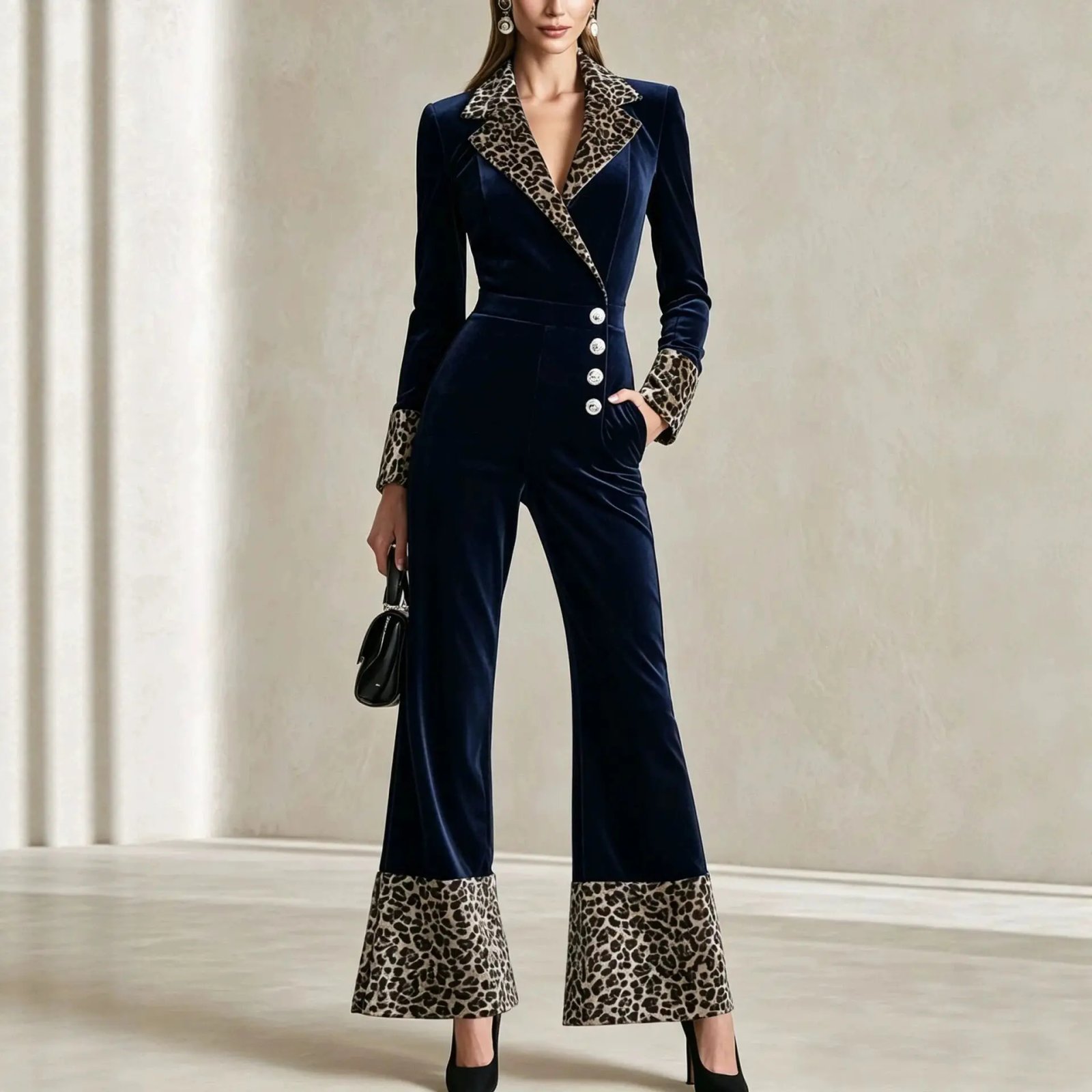 Victoria'S Vogue Women Velvet Jumpsuit Leopard Print Patchwork Loog Sleeve Lapel Collar Single Breasted High Waist Flared Pants Elegant Romper Victoria'S Vogue Women Velvet Jumpsuit Leopard Print Patchwork Loog Sleeve Lapel Collar Single Breasted High Waist Flared Pants Elegant Romper