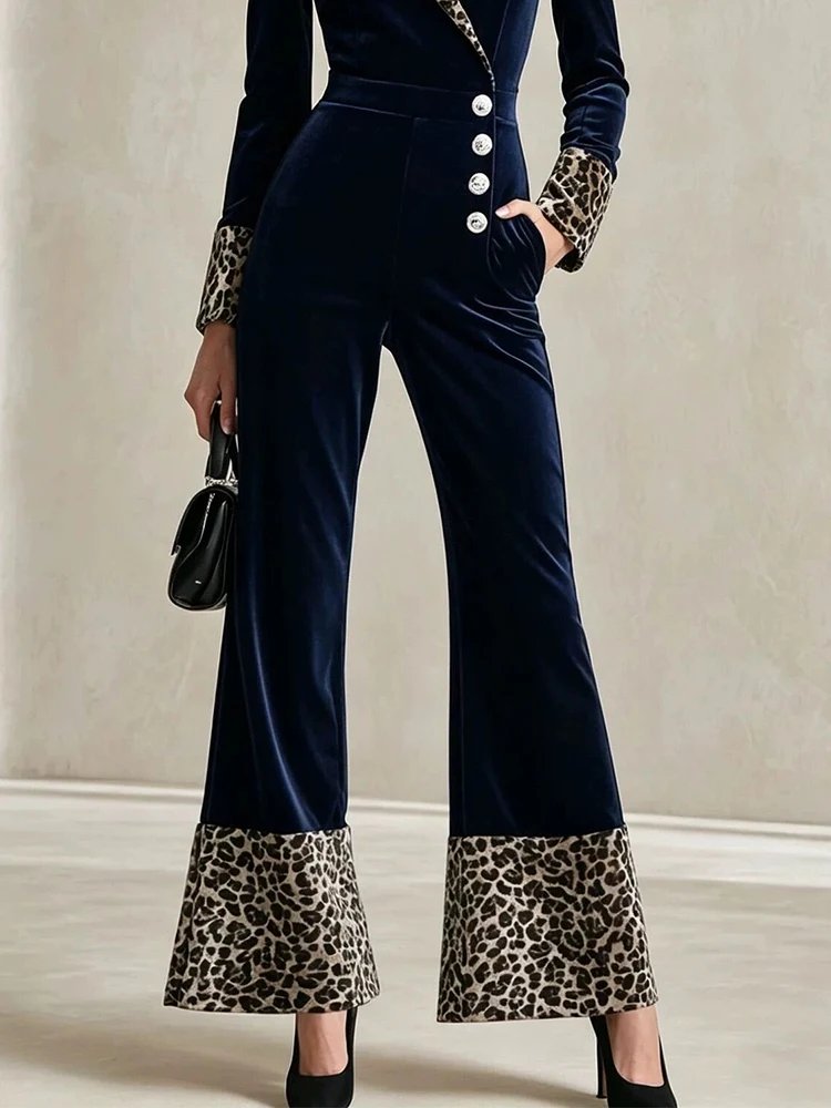 Victoria'S Vogue Women Velvet Jumpsuit Leopard Print Patchwork Loog Sleeve Lapel Collar Single Breasted High Waist Flared Pants Elegant Romper Victoria'S Vogue Women Velvet Jumpsuit Leopard Print Patchwork Loog Sleeve Lapel Collar Single Breasted High Waist Flared Pants Elegant Romper
