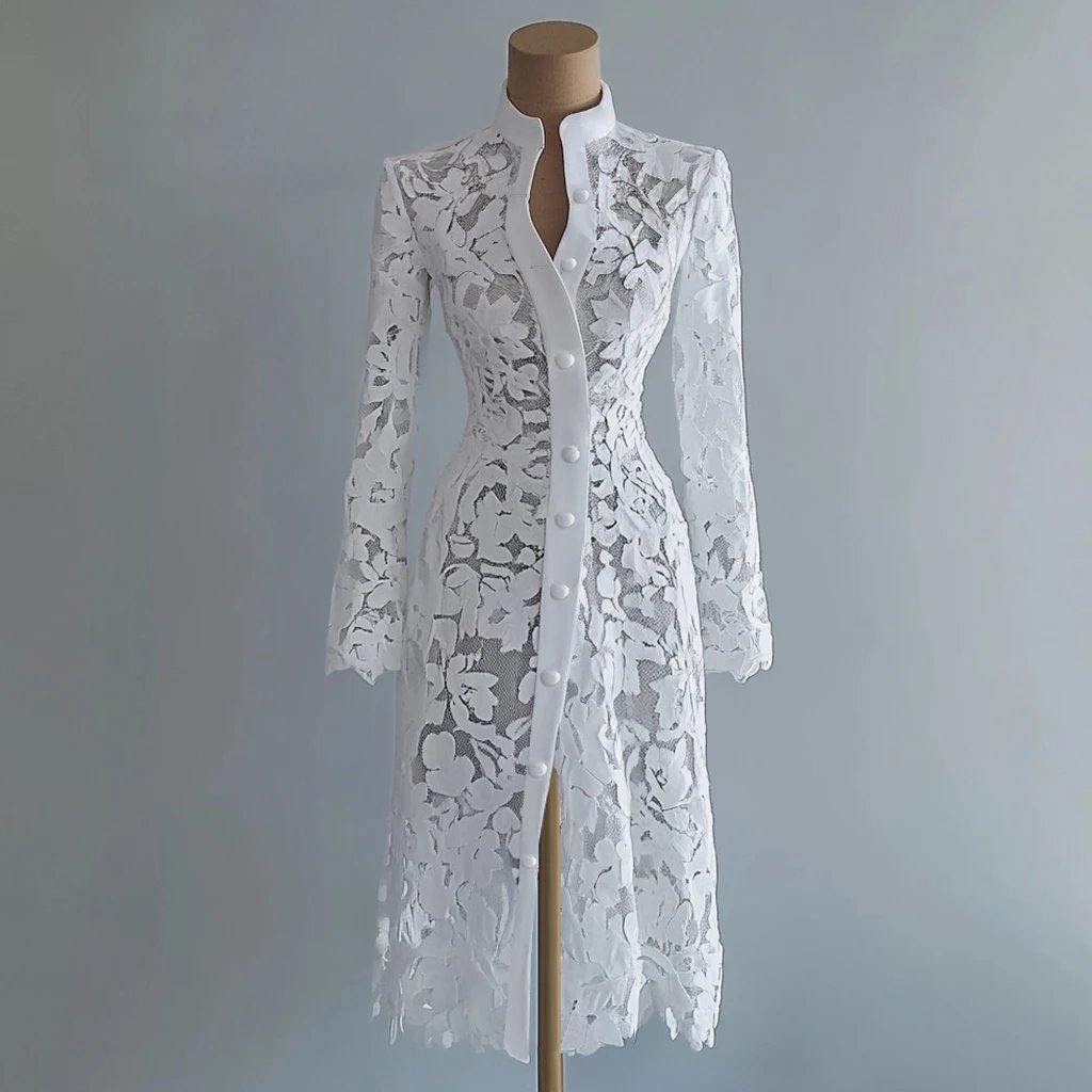 Victoria'S Vogue Elegant Women Lace Hollow Out Spliced Dress Solid Color Stand Collar Long Sleeve High Waist Single-breasted Coat Midi Dress