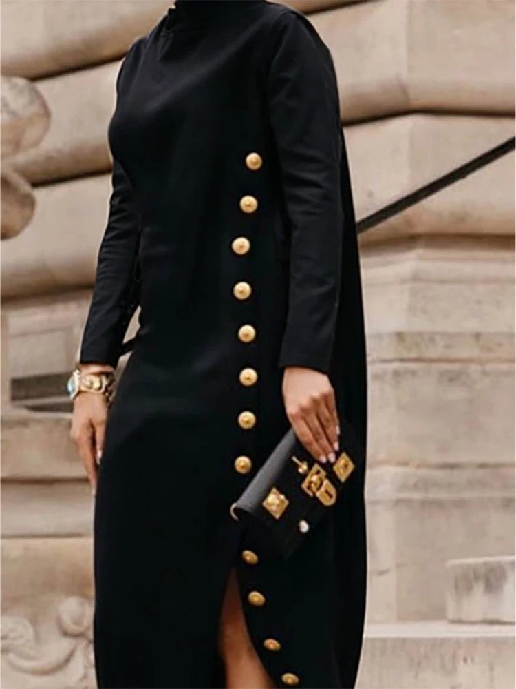 Victoria;S Vogue Elegant Women's Buttoned Split-Side High Neck Evening Black Dress 2026 Fashion Long Sleeves Loose Commuter Office Maxi Dresses Victoria;S Vogue Elegant Women's Buttoned Split-Side High Neck Evening Black Dress 2026 Fashion Long Sleeves Loose Commuter Office Maxi Dresses