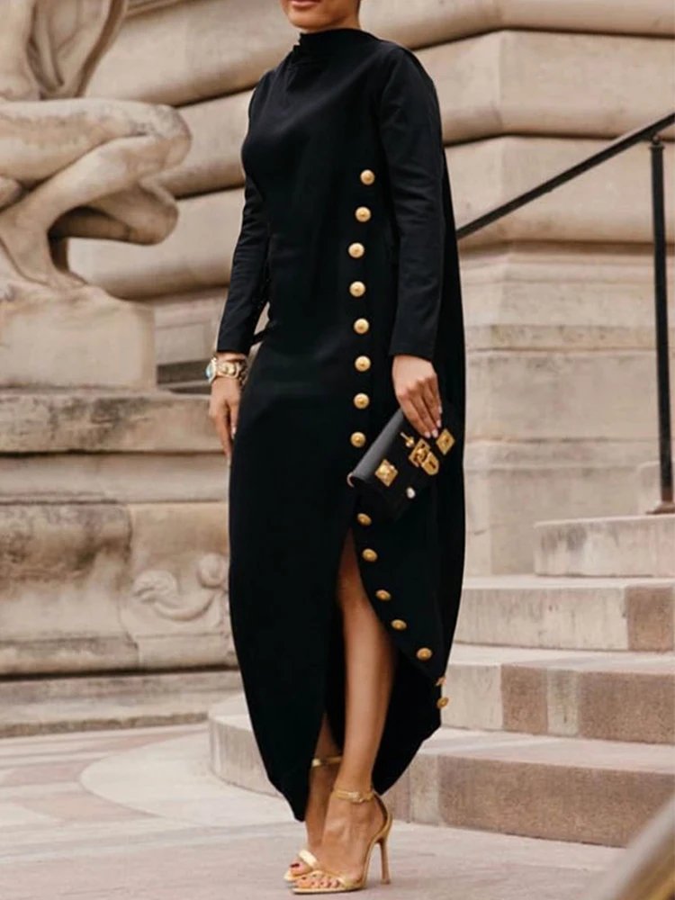 Victoria;S Vogue Elegant Women's Buttoned Split-Side High Neck Evening Black Dress 2026 Fashion Long Sleeves Loose Commuter Office Maxi Dresses Victoria;S Vogue Elegant Women's Buttoned Split-Side High Neck Evening Black Dress 2026 Fashion Long Sleeves Loose Commuter Office Maxi Dresses