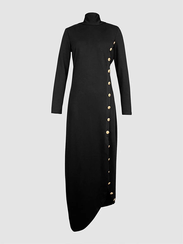 Victoria;S Vogue Elegant Women's Buttoned Split-Side High Neck Evening Black Dress 2026 Fashion Long Sleeves Loose Commuter Office Maxi Dresses Victoria;S Vogue Elegant Women's Buttoned Split-Side High Neck Evening Black Dress 2026 Fashion Long Sleeves Loose Commuter Office Maxi Dresses