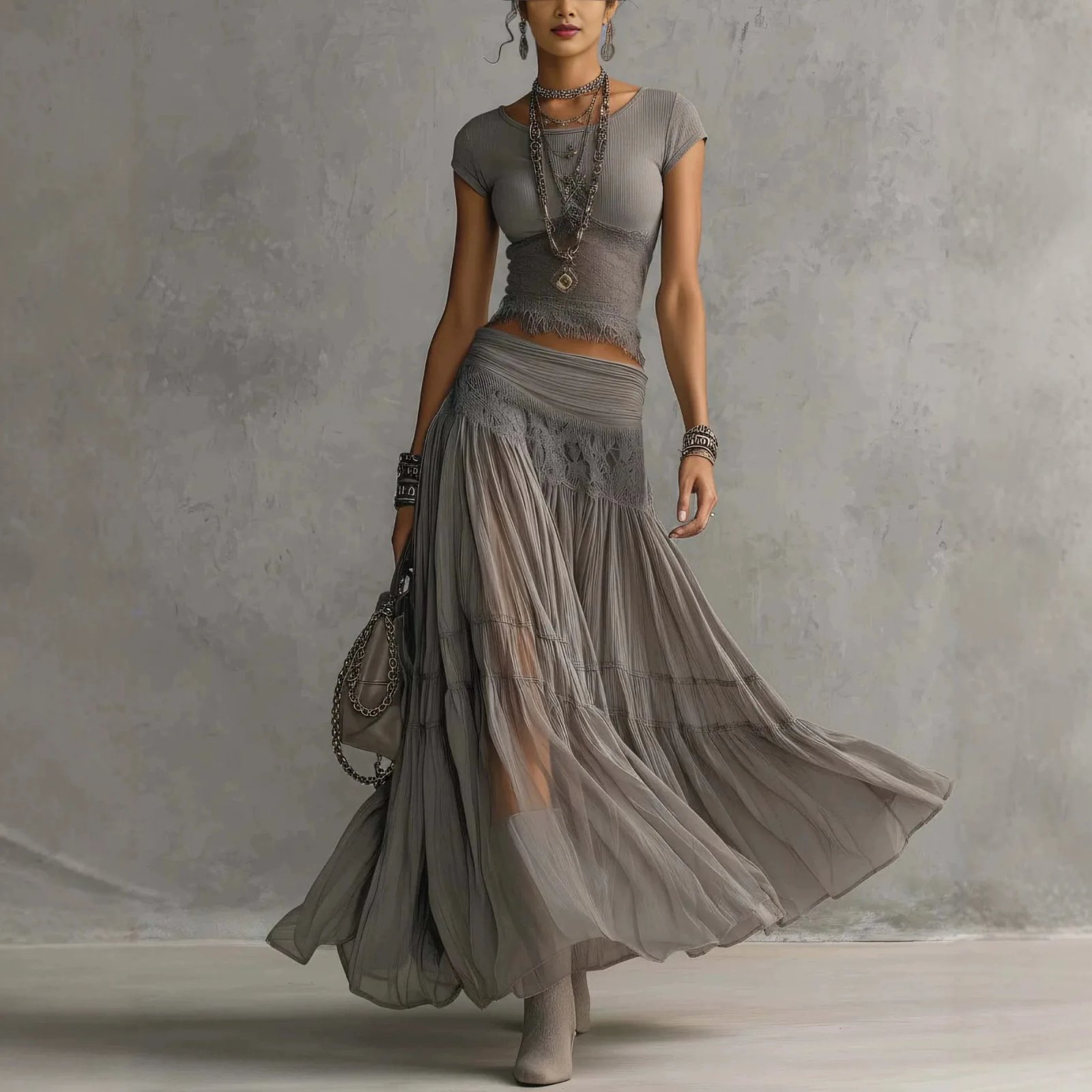 Victoria'S Vogue 2026 New Model Gray Knit Top + Chiffon Long Dress Set &ndash; Women&rsquo;s Fashionable, Flowing Two-Piece Set