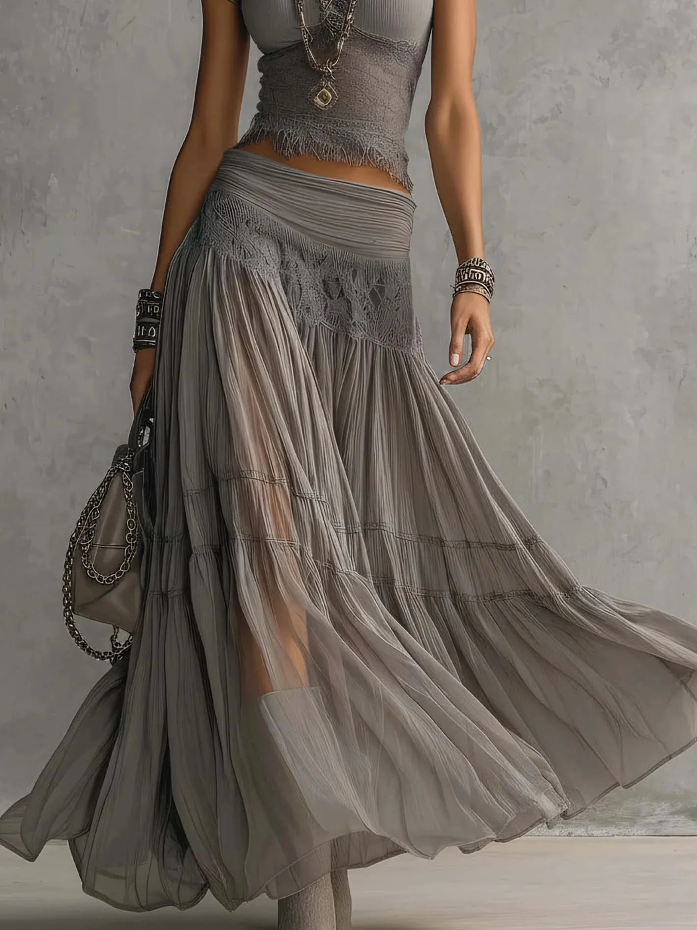 Victoria'S Vogue 2026 New Model Gray Knit Top + Chiffon Long Dress Set &ndash; Women&rsquo;s Fashionable, Flowing Two-Piece Set