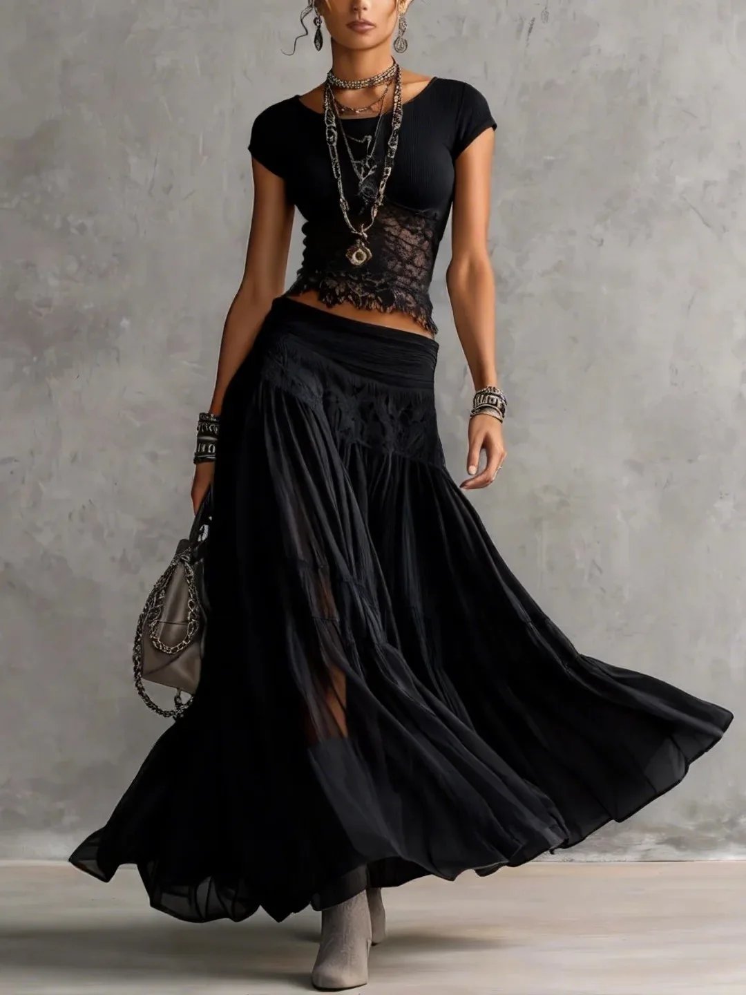 Victoria'S Vogue 2026 New Model Gray Knit Top + Chiffon Long Dress Set &ndash; Women&rsquo;s Fashionable, Flowing Two-Piece Set