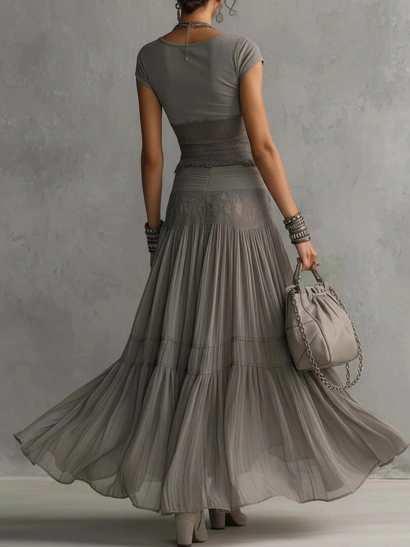 Victoria'S Vogue 2026 New Model Gray Knit Top + Chiffon Long Dress Set &ndash; Women&rsquo;s Fashionable, Flowing Two-Piece Set