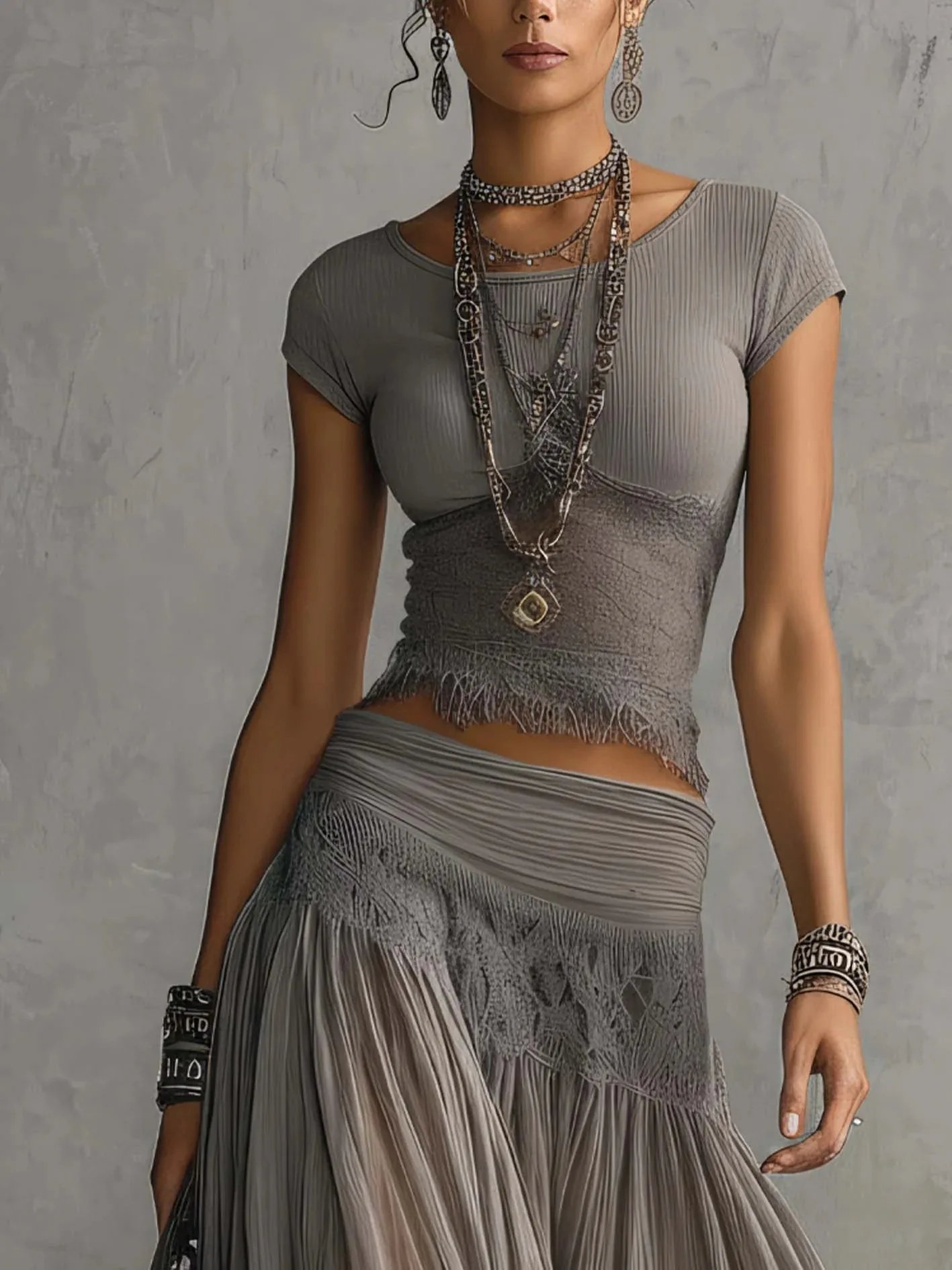 Victoria'S Vogue 2026 New Model Gray Knit Top + Chiffon Long Dress Set &ndash; Women&rsquo;s Fashionable, Flowing Two-Piece Set
