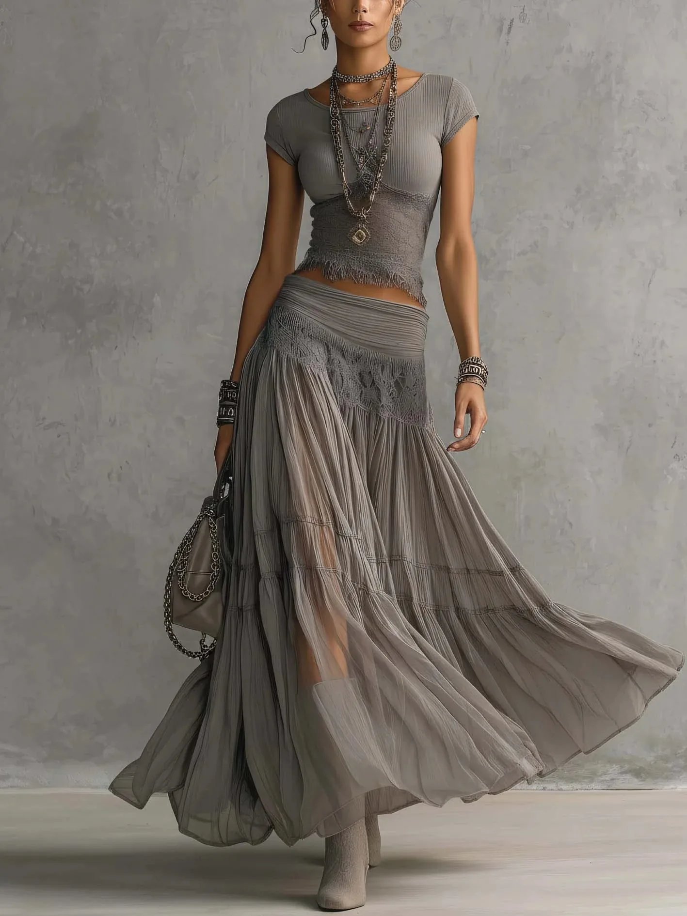 Victoria'S Vogue 2026 New Model Gray Knit Top + Chiffon Long Dress Set &ndash; Women&rsquo;s Fashionable, Flowing Two-Piece Set