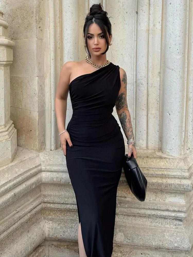 Victoria;S Vogue Women Maxi Dresses Sexy Split Black Sleeveless Backless Slim Dress Summer Female Fashion Off Shoulder Club Elegant Party Dresses