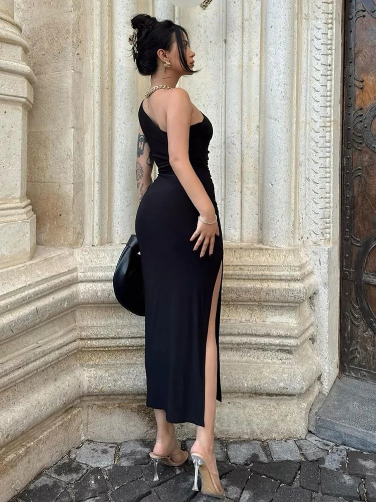 Victoria;S Vogue Women Maxi Dresses Sexy Split Black Sleeveless Backless Slim Dress Summer Female Fashion Off Shoulder Club Elegant Party Dresses
