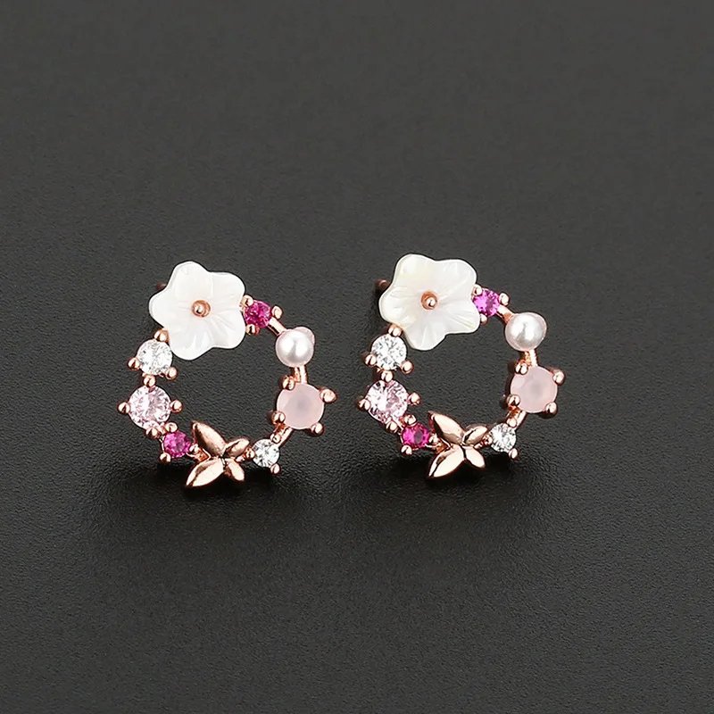 Victoria'S Vogue Cute Zircon Crystal Leaf Shell Flower Ring for Women Ladies Rose Gold color Romantic Shell Jewelry open Rings Size adjustable