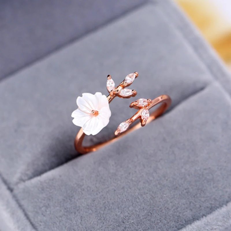 Victoria'S Vogue Cute Zircon Crystal Leaf Shell Flower Ring for Women Ladies Rose Gold color Romantic Shell Jewelry open Rings Size adjustable