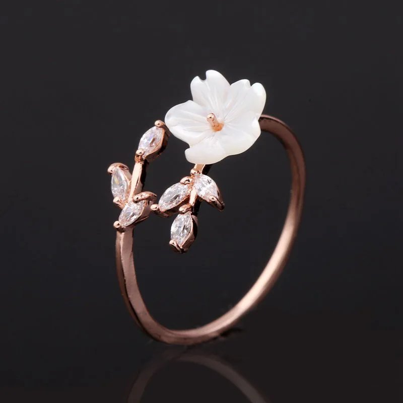 Victoria'S Vogue Cute Zircon Crystal Leaf Shell Flower Ring for Women Ladies Rose Gold color Romantic Shell Jewelry open Rings Size adjustable