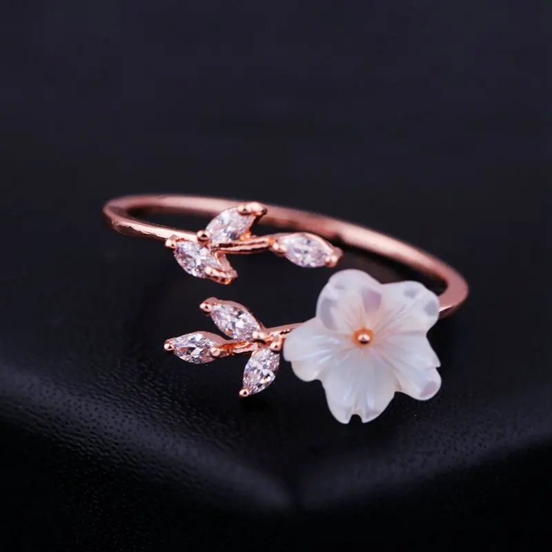 Victoria'S Vogue Cute Zircon Crystal Leaf Shell Flower Ring for Women Ladies Rose Gold color Romantic Shell Jewelry open Rings Size adjustable