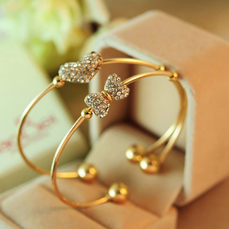 Victoria'S Vogue Women's Cute Elegant Heart and Bowknot Cuff Bracelet Bangles Crystal Charming Accessory Rotatable Fine Wrist Jewelry