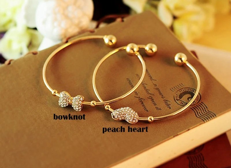 Victoria'S Vogue Women's Cute Elegant Heart and Bowknot Cuff Bracelet Bangles Crystal Charming Accessory Rotatable Fine Wrist Jewelry