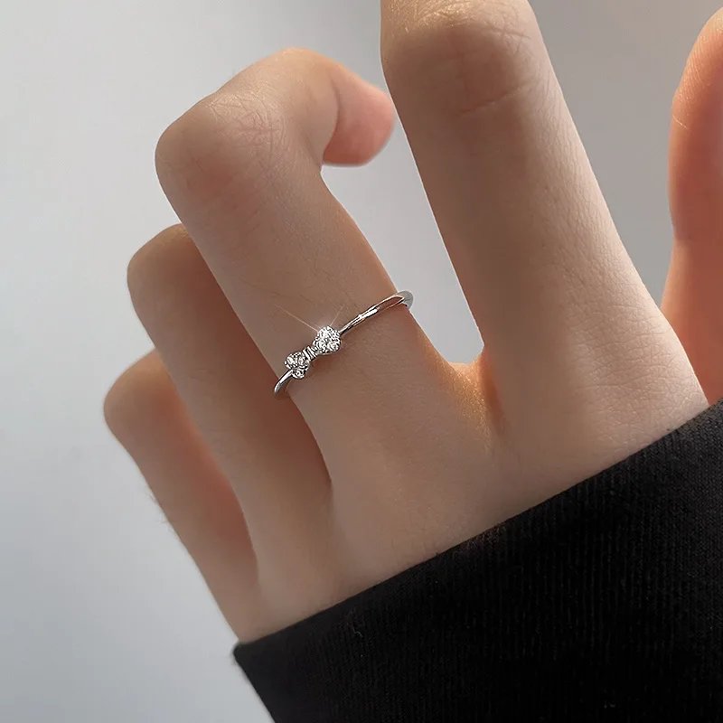 Victoria's Vogue Mini Delicate 925 Sterling Silver Adjustable Inlaid Tiny Zircon Bowknot Ring for Woman Sweet Temperament Jewelry Accessory Gifts