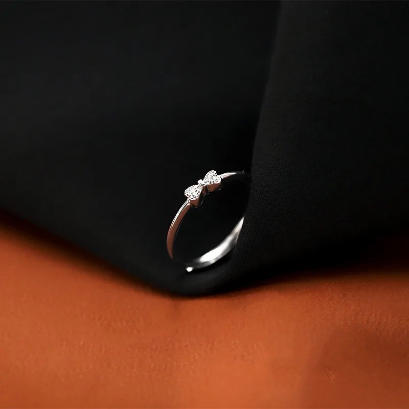 Victoria's Vogue Mini Delicate 925 Sterling Silver Adjustable Inlaid Tiny Zircon Bowknot Ring for Woman Sweet Temperament Jewelry Accessory Gifts