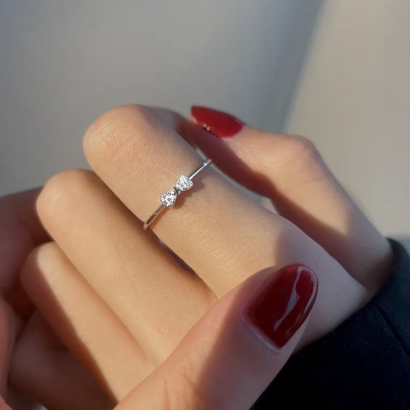 Victoria's Vogue Mini Delicate 925 Sterling Silver Adjustable Inlaid Tiny Zircon Bowknot Ring for Woman Sweet Temperament Jewelry Accessory Gifts