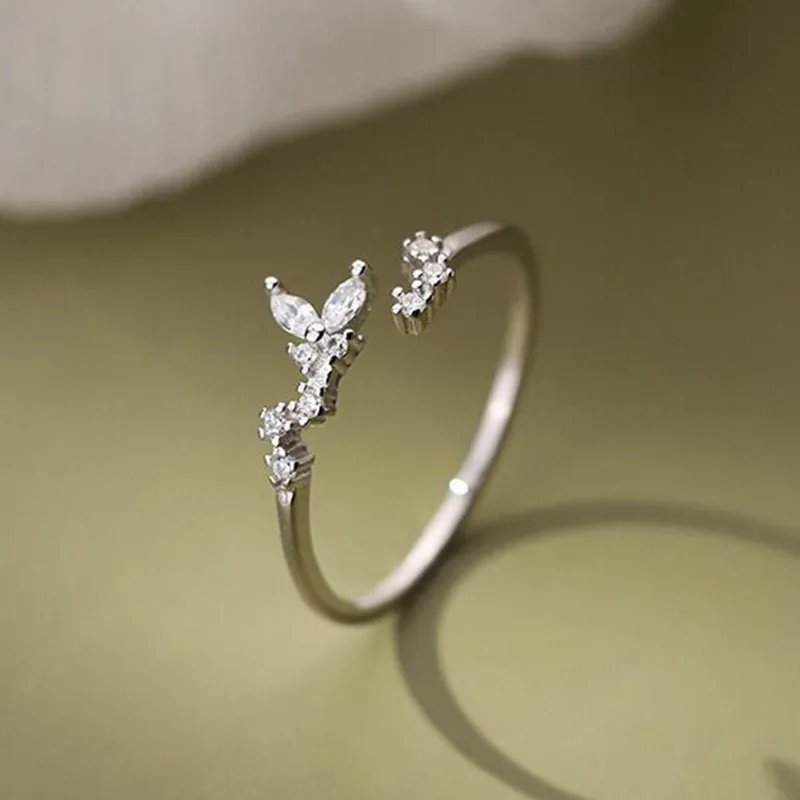 Victoria'S Vogue Exquisite Shiny 925 Sterling Silver Opening Adjustable Irregular Butterfly Wing Zircon Ring for Woman Personalized Jewelry Gifts