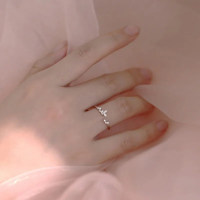 Victoria'S Vogue Exquisite Shiny 925 Sterling Silver Opening Adjustable Irregular Butterfly Wing Zircon Ring for Woman Personalized Jewelry Gifts