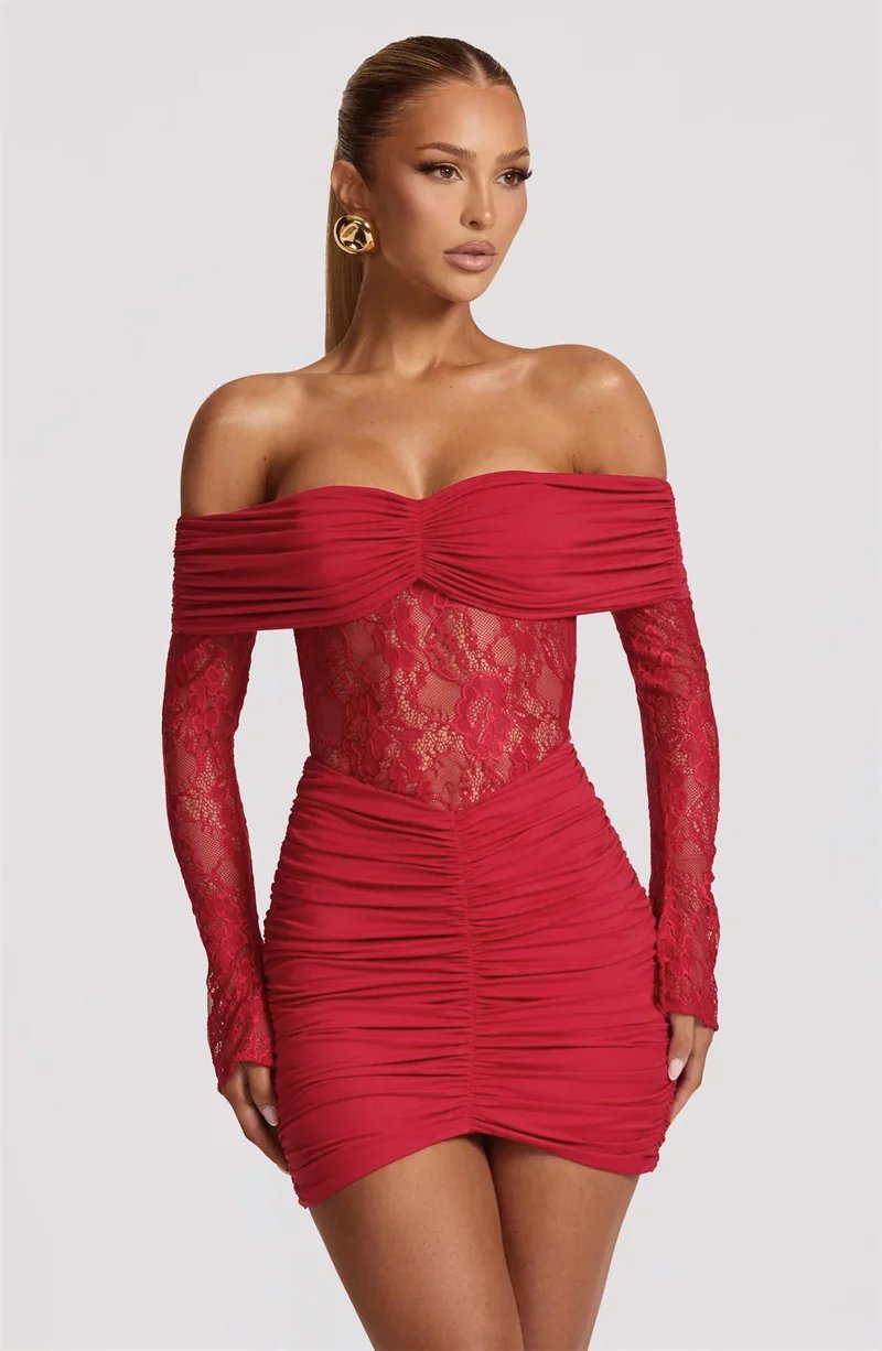 Victoria's Vogue Off-shoulder Strapless Backless Sexy Mini Dress Women Gown Elegant Lace See Through Long Sleeve Ruched Club Party Dress
