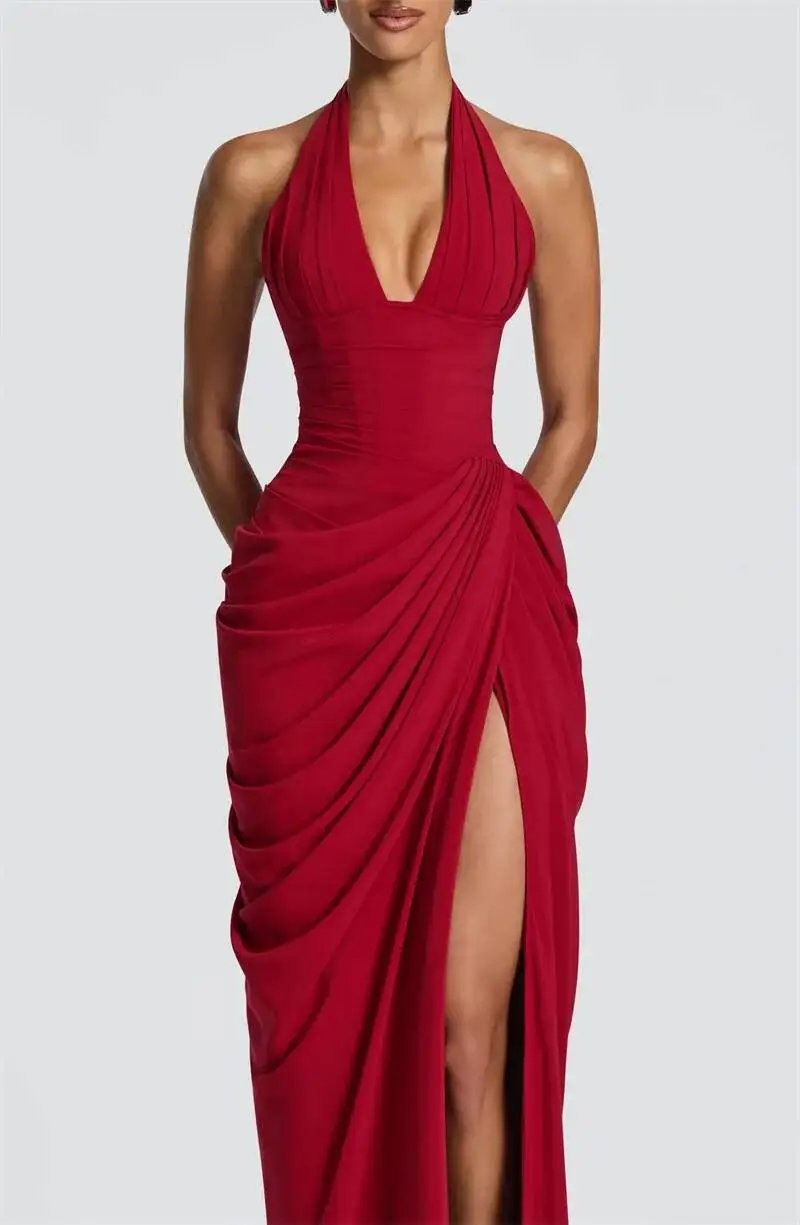 Victoria's Vogue Wine Red Halter Deep V Maxi Dress Women Elegant Draped Ruched High Split Bodycon Cocktail Wedding Club Party Dresses Victoria's Vogue Wine Red Halter Deep V Maxi Dress Women Elegant Draped Ruched High Split Bodycon Cocktail Wedding Club Party Dresses
