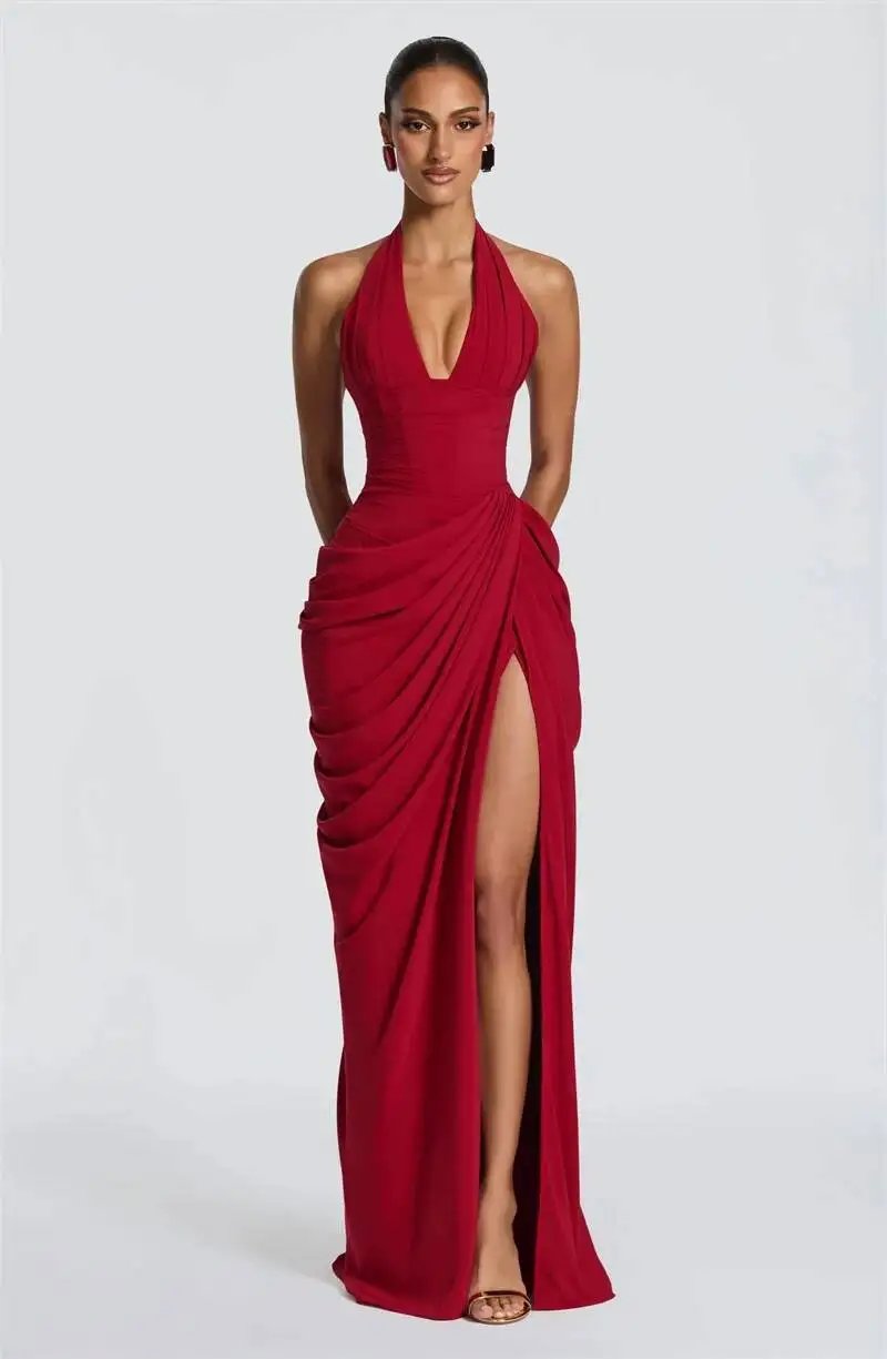 Victoria's Vogue Wine Red Halter Deep V Maxi Dress Women Elegant Draped Ruched High Split Bodycon Cocktail Wedding Club Party Dresses Victoria's Vogue Wine Red Halter Deep V Maxi Dress Women Elegant Draped Ruched High Split Bodycon Cocktail Wedding Club Party Dresses