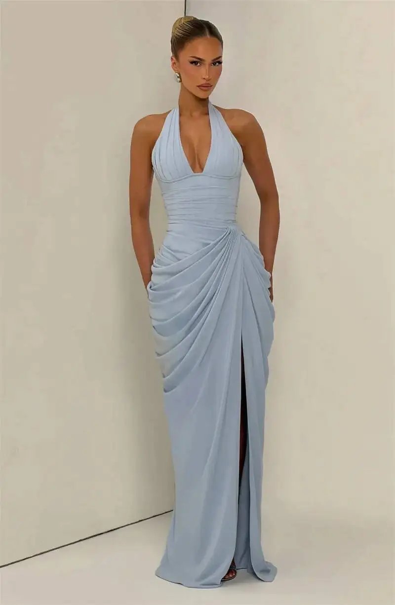 Victoria's Vogue Wine Red Halter Deep V Maxi Dress Women Elegant Draped Ruched High Split Bodycon Cocktail Wedding Club Party Dresses Victoria's Vogue Wine Red Halter Deep V Maxi Dress Women Elegant Draped Ruched High Split Bodycon Cocktail Wedding Club Party Dresses