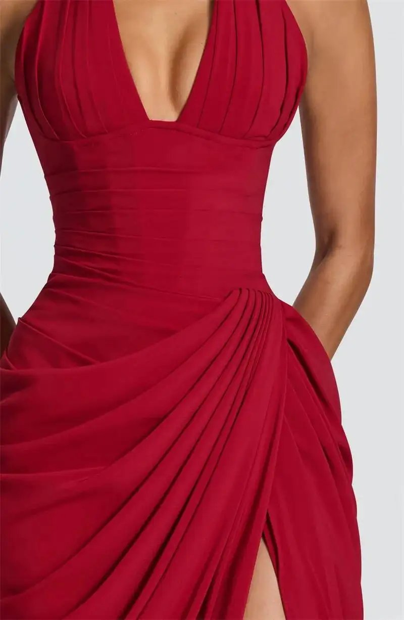 Victoria's Vogue Wine Red Halter Deep V Maxi Dress Women Elegant Draped Ruched High Split Bodycon Cocktail Wedding Club Party Dresses Victoria's Vogue Wine Red Halter Deep V Maxi Dress Women Elegant Draped Ruched High Split Bodycon Cocktail Wedding Club Party Dresses