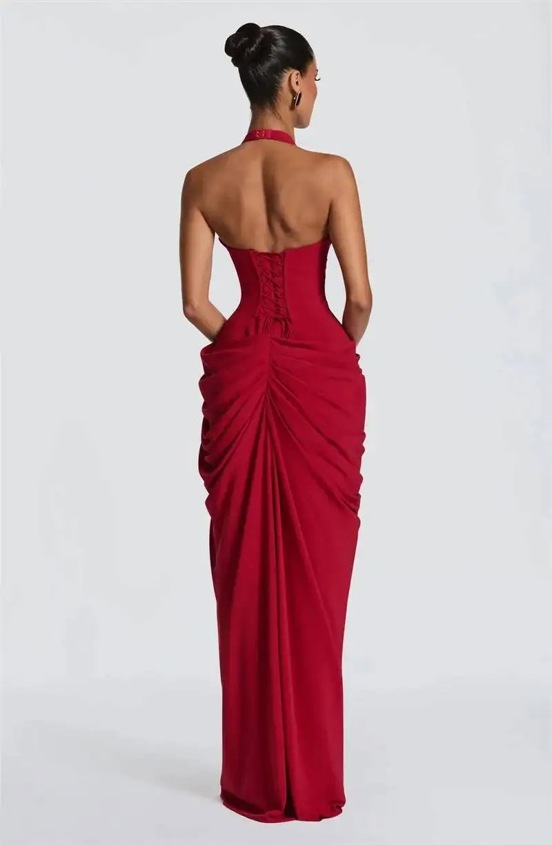 Victoria's Vogue Wine Red Halter Deep V Maxi Dress Women Elegant Draped Ruched High Split Bodycon Cocktail Wedding Club Party Dresses Victoria's Vogue Wine Red Halter Deep V Maxi Dress Women Elegant Draped Ruched High Split Bodycon Cocktail Wedding Club Party Dresses