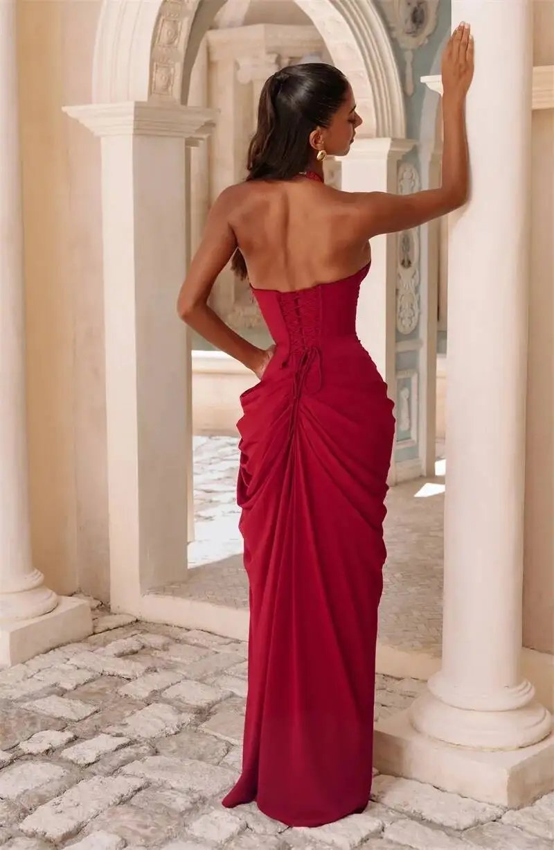 Victoria's Vogue Wine Red Halter Deep V Maxi Dress Women Elegant Draped Ruched High Split Bodycon Cocktail Wedding Club Party Dresses Victoria's Vogue Wine Red Halter Deep V Maxi Dress Women Elegant Draped Ruched High Split Bodycon Cocktail Wedding Club Party Dresses