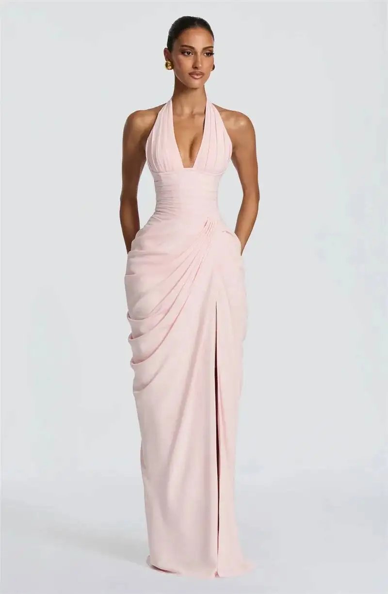Victoria's Vogue Wine Red Halter Deep V Maxi Dress Women Elegant Draped Ruched High Split Bodycon Cocktail Wedding Club Party Dresses Victoria's Vogue Wine Red Halter Deep V Maxi Dress Women Elegant Draped Ruched High Split Bodycon Cocktail Wedding Club Party Dresses