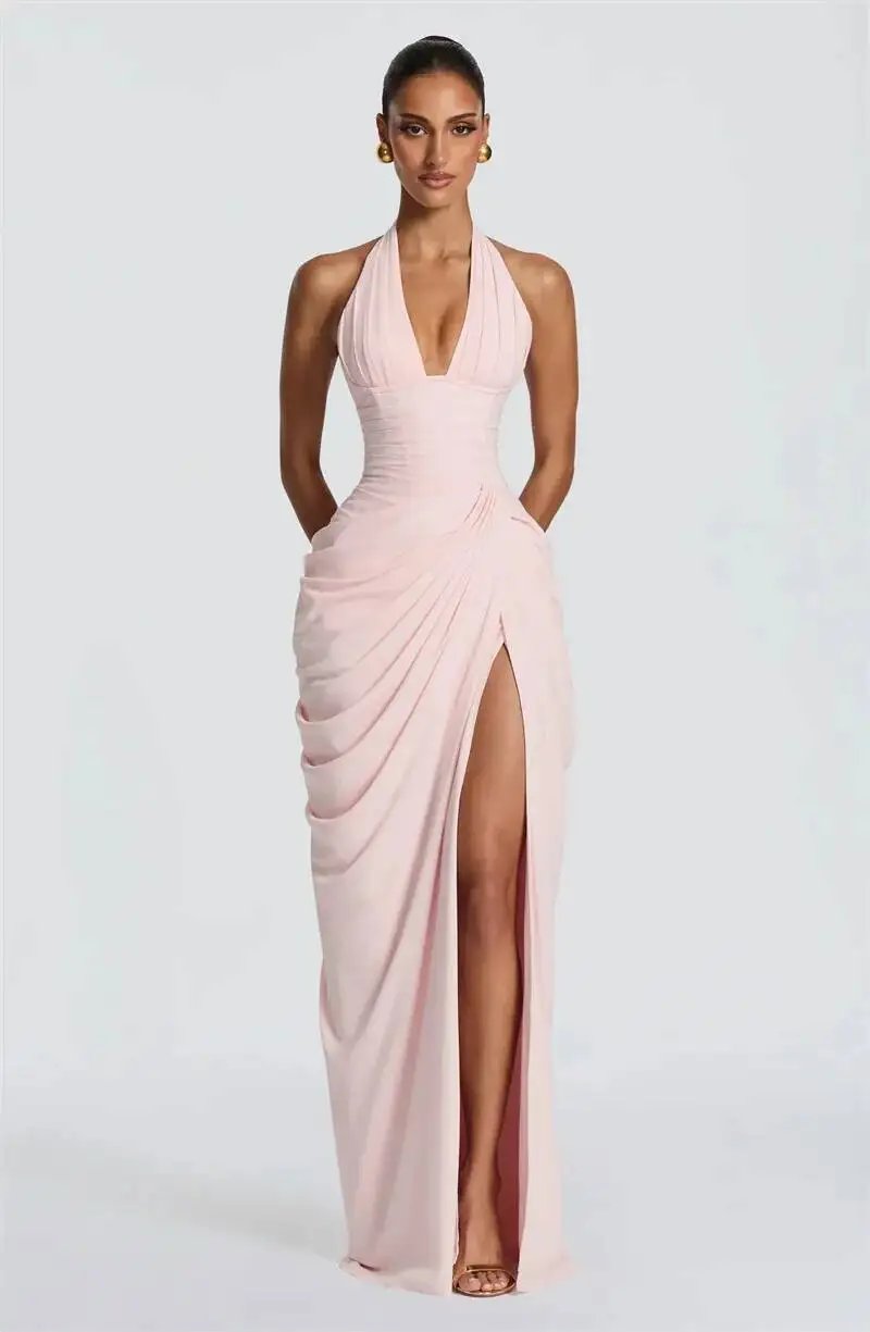 Victoria's Vogue Wine Red Halter Deep V Maxi Dress Women Elegant Draped Ruched High Split Bodycon Cocktail Wedding Club Party Dresses Victoria's Vogue Wine Red Halter Deep V Maxi Dress Women Elegant Draped Ruched High Split Bodycon Cocktail Wedding Club Party Dresses