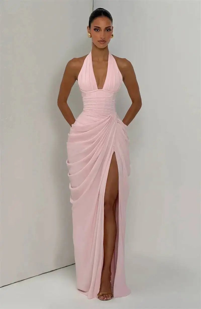 Victoria's Vogue Wine Red Halter Deep V Maxi Dress Women Elegant Draped Ruched High Split Bodycon Cocktail Wedding Club Party Dresses Victoria's Vogue Wine Red Halter Deep V Maxi Dress Women Elegant Draped Ruched High Split Bodycon Cocktail Wedding Club Party Dresses