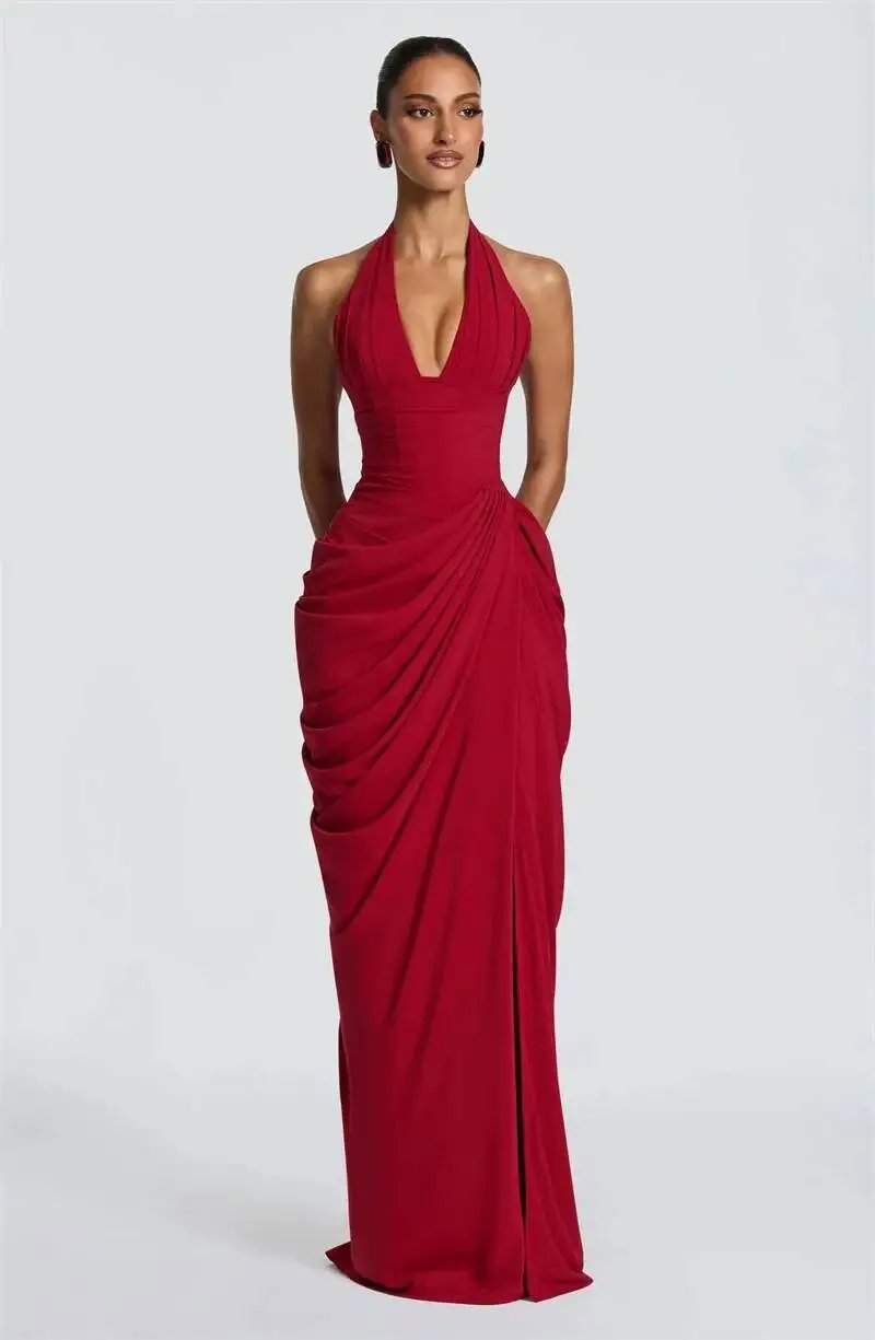 Victoria's Vogue Wine Red Halter Deep V Maxi Dress Women Elegant Draped Ruched High Split Bodycon Cocktail Wedding Club Party Dresses Victoria's Vogue Wine Red Halter Deep V Maxi Dress Women Elegant Draped Ruched High Split Bodycon Cocktail Wedding Club Party Dresses