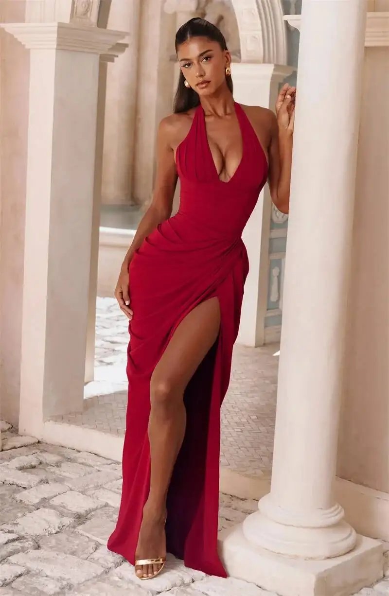 Victoria's Vogue Wine Red Halter Deep V Maxi Dress Women Elegant Draped Ruched High Split Bodycon Cocktail Wedding Club Party Dresses Victoria's Vogue Wine Red Halter Deep V Maxi Dress Women Elegant Draped Ruched High Split Bodycon Cocktail Wedding Club Party Dresses