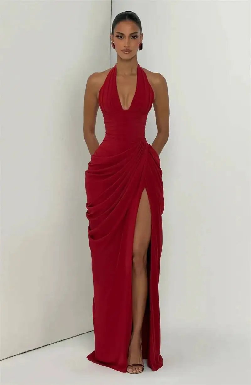 Victoria's Vogue Wine Red Halter Deep V Maxi Dress Women Elegant Draped Ruched High Split Bodycon Cocktail Wedding Club Party Dresses Victoria's Vogue Wine Red Halter Deep V Maxi Dress Women Elegant Draped Ruched High Split Bodycon Cocktail Wedding Club Party Dresses