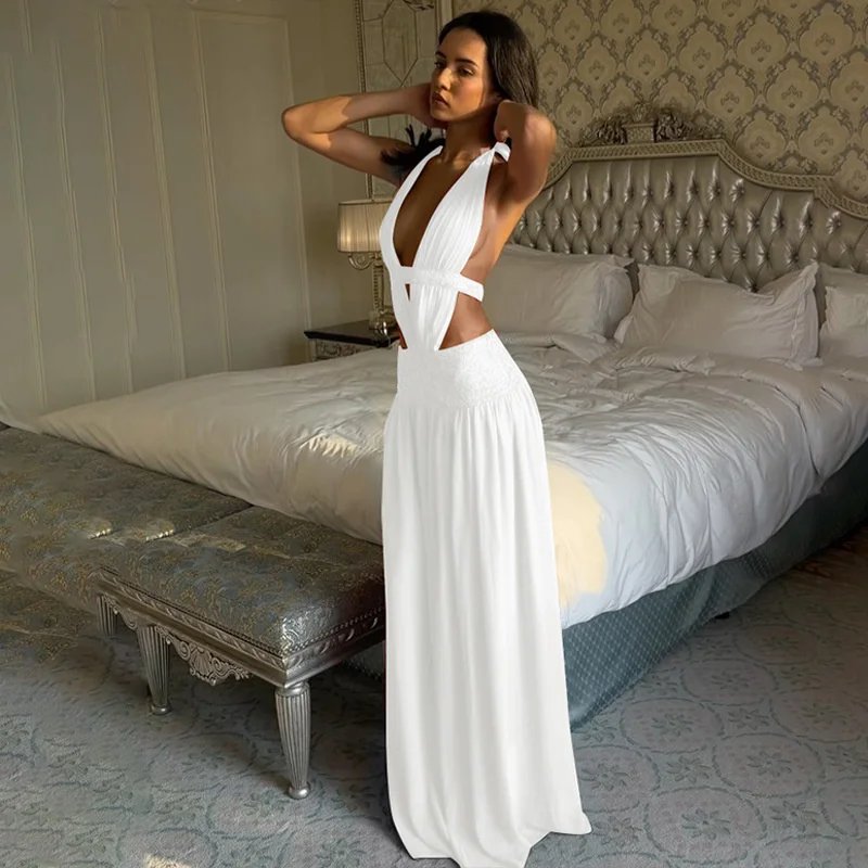 Victoria's Vogue Halter Deep V Neck Backless Sexy Maxi Dress Women Elegant Off-shoulder Sleeveless Bodycon Club Party Long Dress Female Victoria's Vogue Halter Deep V Neck Backless Sexy Maxi Dress Women Elegant Off-shoulder Sleeveless Bodycon Club Party Long Dress Female