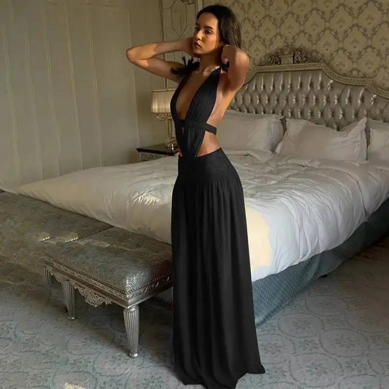 Victoria's Vogue Halter Deep V Neck Backless Sexy Maxi Dress Women Elegant Off-shoulder Sleeveless Bodycon Club Party Long Dress Female Victoria's Vogue Halter Deep V Neck Backless Sexy Maxi Dress Women Elegant Off-shoulder Sleeveless Bodycon Club Party Long Dress Female