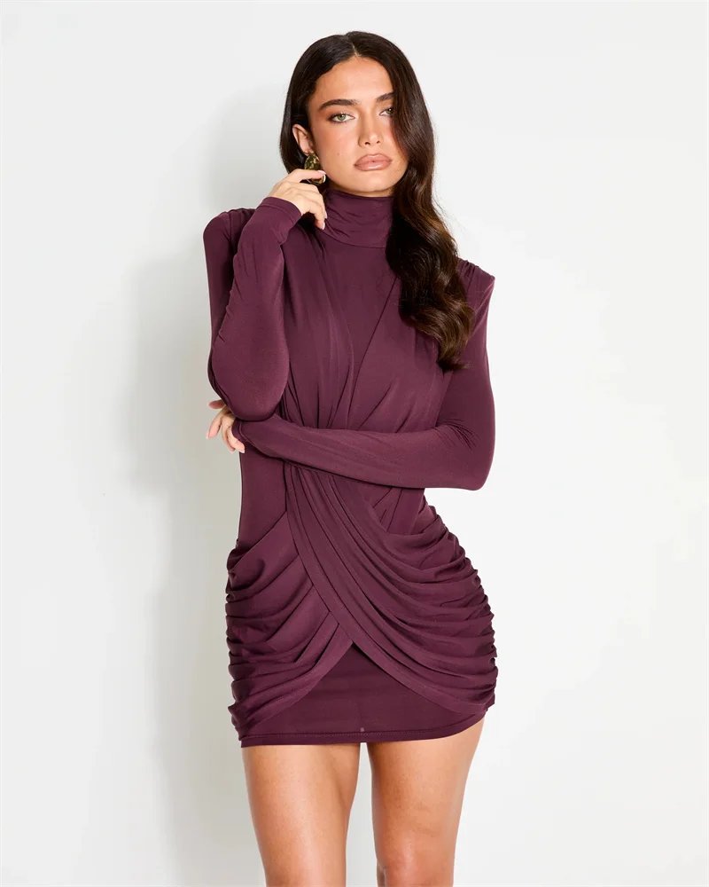 Victoria's Vogue High Neck Shoulder Pads Long Sleeve Sexy Mini Dress Women Draped Cross Front Ruched Slim Bodycon Nightclub Party Dress Victoria's Vogue High Neck Shoulder Pads Long Sleeve Sexy Mini Dress Women Draped Cross Front Ruched Slim Bodycon Nightclub Party Dress
