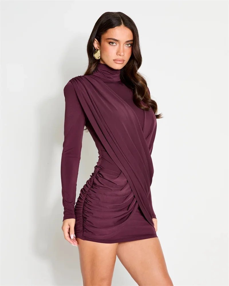 Victoria's Vogue High Neck Shoulder Pads Long Sleeve Sexy Mini Dress Women Draped Cross Front Ruched Slim Bodycon Nightclub Party Dress Victoria's Vogue High Neck Shoulder Pads Long Sleeve Sexy Mini Dress Women Draped Cross Front Ruched Slim Bodycon Nightclub Party Dress