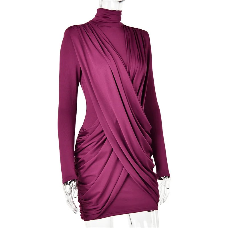 Victoria's Vogue High Neck Shoulder Pads Long Sleeve Sexy Mini Dress Women Draped Cross Front Ruched Slim Bodycon Nightclub Party Dress Victoria's Vogue High Neck Shoulder Pads Long Sleeve Sexy Mini Dress Women Draped Cross Front Ruched Slim Bodycon Nightclub Party Dress