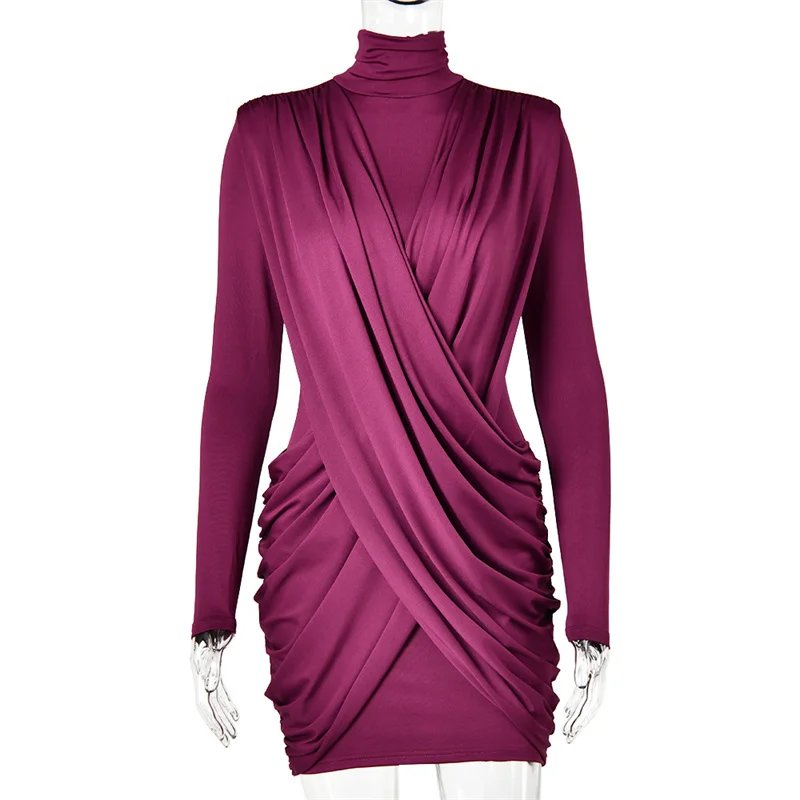 Victoria's Vogue High Neck Shoulder Pads Long Sleeve Sexy Mini Dress Women Draped Cross Front Ruched Slim Bodycon Nightclub Party Dress Victoria's Vogue High Neck Shoulder Pads Long Sleeve Sexy Mini Dress Women Draped Cross Front Ruched Slim Bodycon Nightclub Party Dress