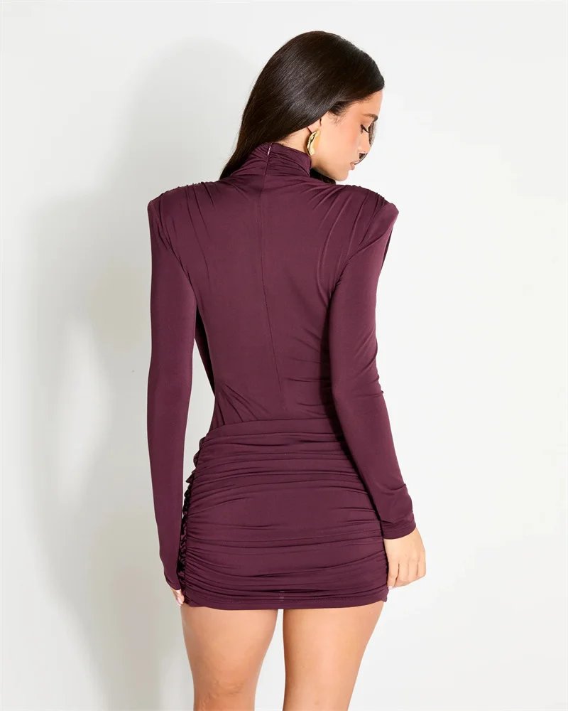 Victoria's Vogue High Neck Shoulder Pads Long Sleeve Sexy Mini Dress Women Draped Cross Front Ruched Slim Bodycon Nightclub Party Dress Victoria's Vogue High Neck Shoulder Pads Long Sleeve Sexy Mini Dress Women Draped Cross Front Ruched Slim Bodycon Nightclub Party Dress