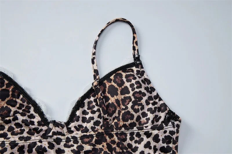 Victoria'S Vogue Leopard Print Sexy Mini Dress Women Lace Trim Spaghetti Strap Bodycon Short Dress Nightclub Party Slim Fit Slip Dress