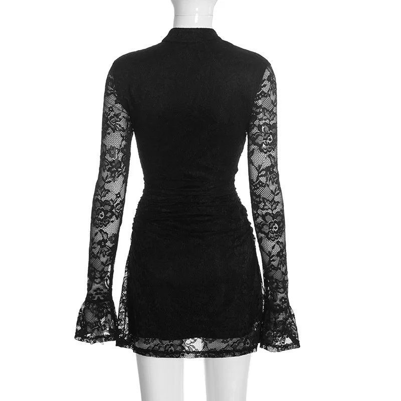 Victoria'S Vogue Women Lace Sexy Mini Dress Black Keyhole Cutout Long Flare Sleeve Bodycon Party Short Dress Elegant Nightclub Vestidos