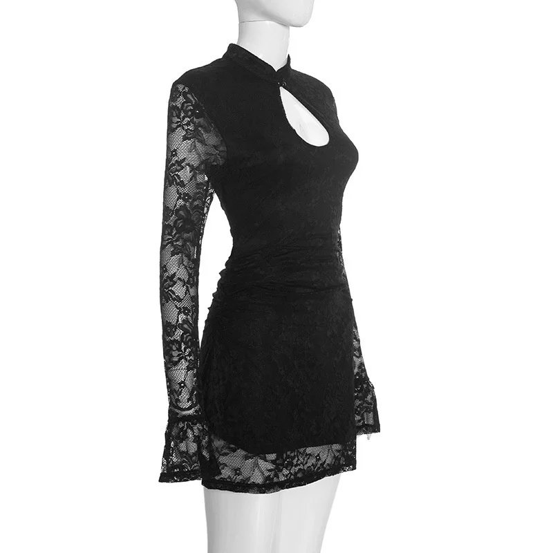 Victoria'S Vogue Women Lace Sexy Mini Dress Black Keyhole Cutout Long Flare Sleeve Bodycon Party Short Dress Elegant Nightclub Vestidos