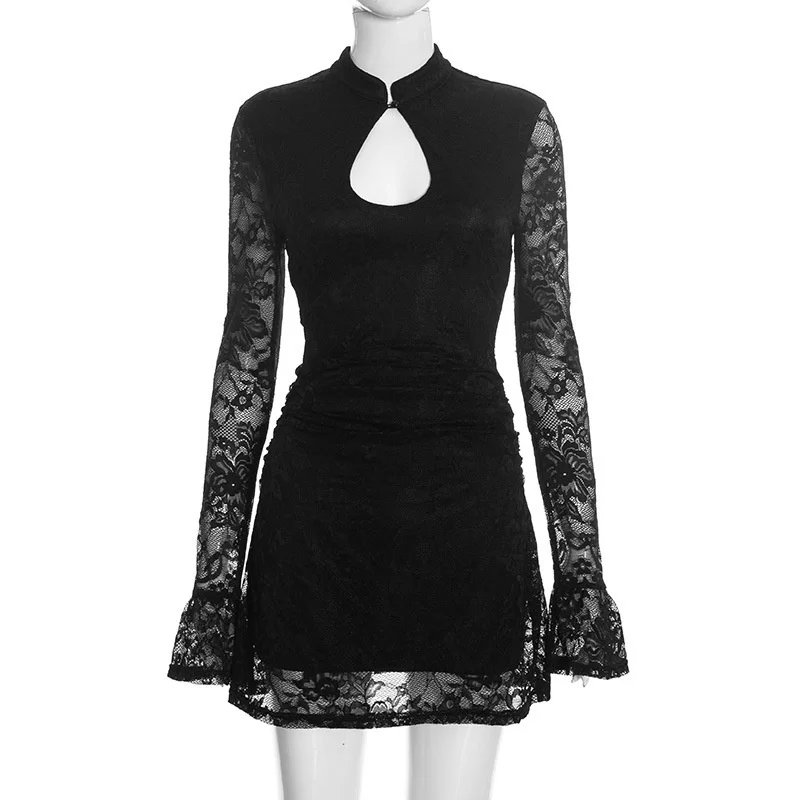 Victoria'S Vogue Women Lace Sexy Mini Dress Black Keyhole Cutout Long Flare Sleeve Bodycon Party Short Dress Elegant Nightclub Vestidos